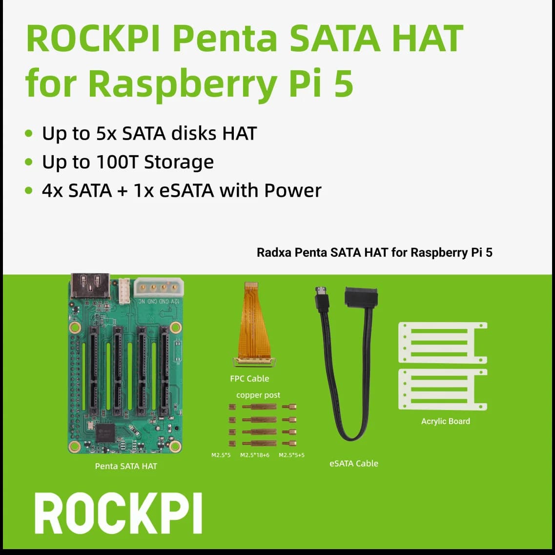 ROCKPI Penta SATA HAT - Up to 5 SATA HAT discs for Raspberry Pi 5 and ROCK Pi SBC, 3C,5A, 4A / 4SE / 4A+ / 4B+ / 3A