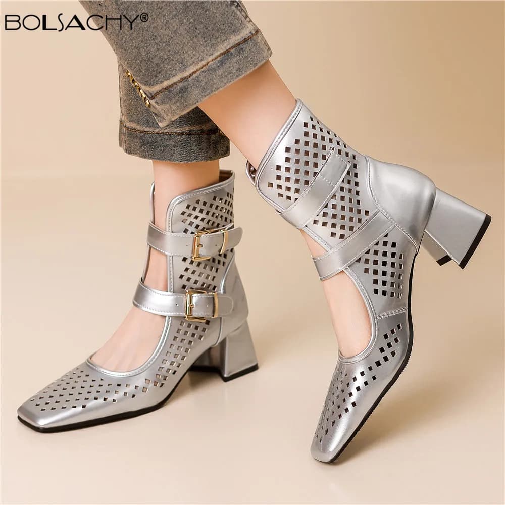 Summer Sexy Brand Gold Silver Gladiator Sandals Platform Summer Mesh Grid Buckle Thick Heels Ankle Boots Roman Sandals For Woman