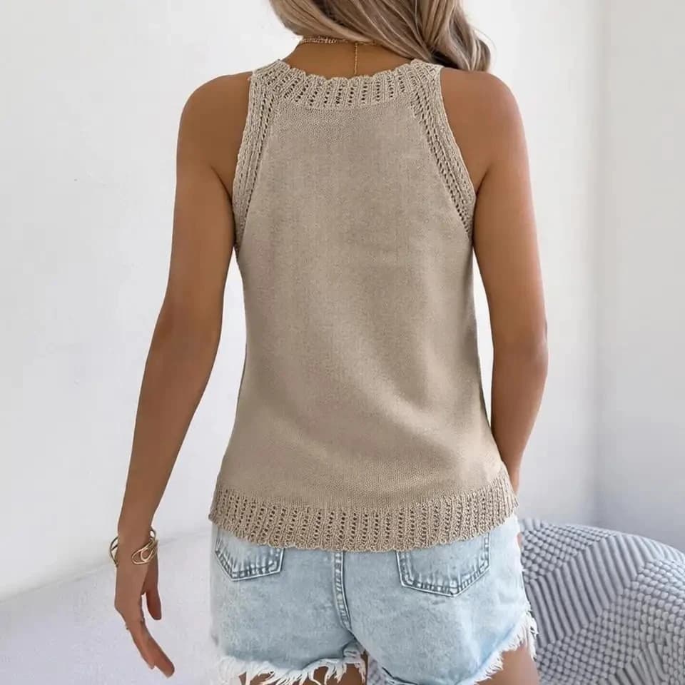 Top Estivo in Maglia Stile Francese da Donna, Canotta a Mezzo Collo in Maglia, Design Senza Maniche per Interni ed Esterni, Elasticizzato e alla Moda