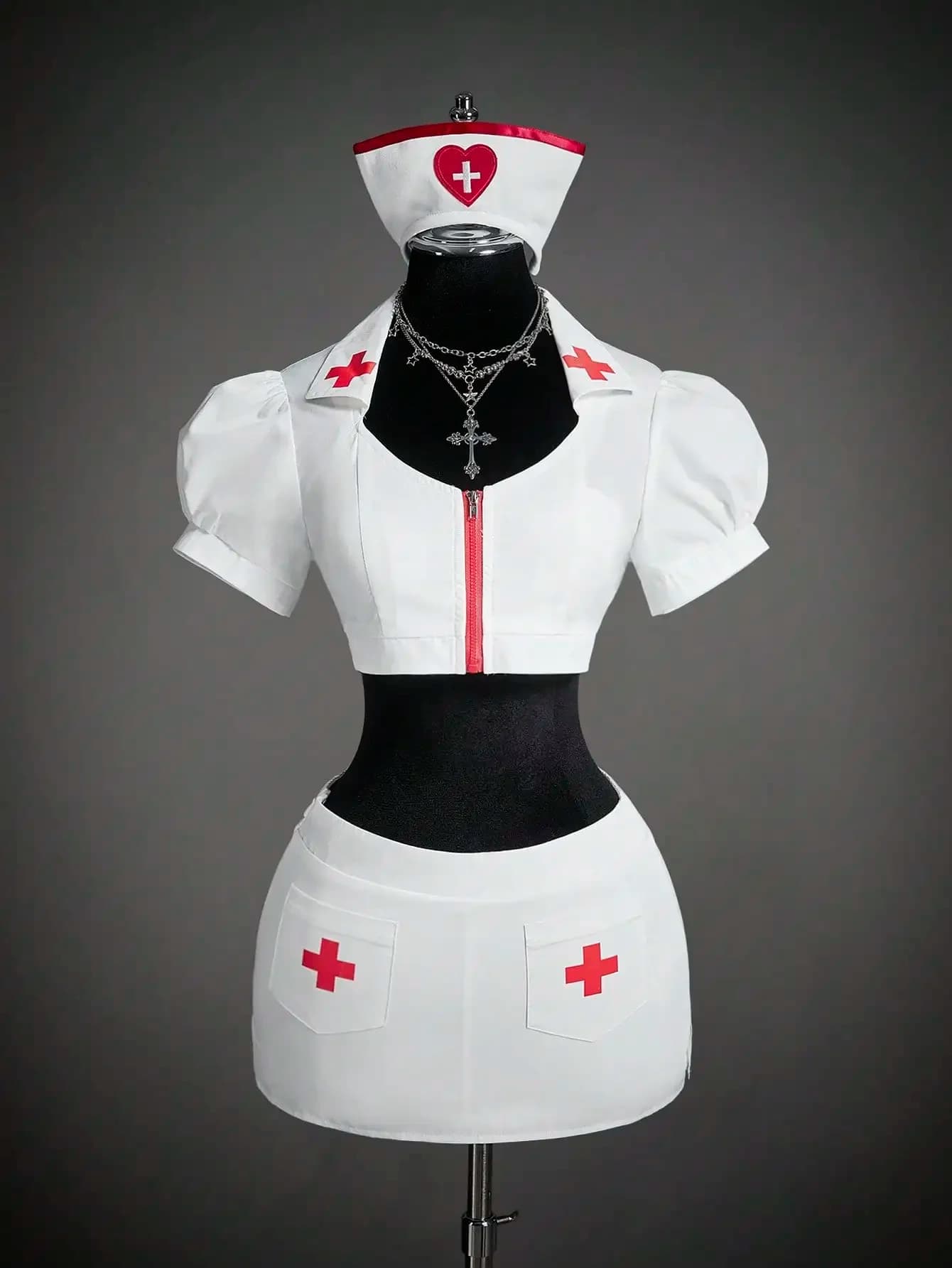 Set Costume da Infermiera per Halloween ICON da Donna, Top Corto con Zip e Decorazione a Croce, Minigonna a Vita Bassa, Sexy e Aderente