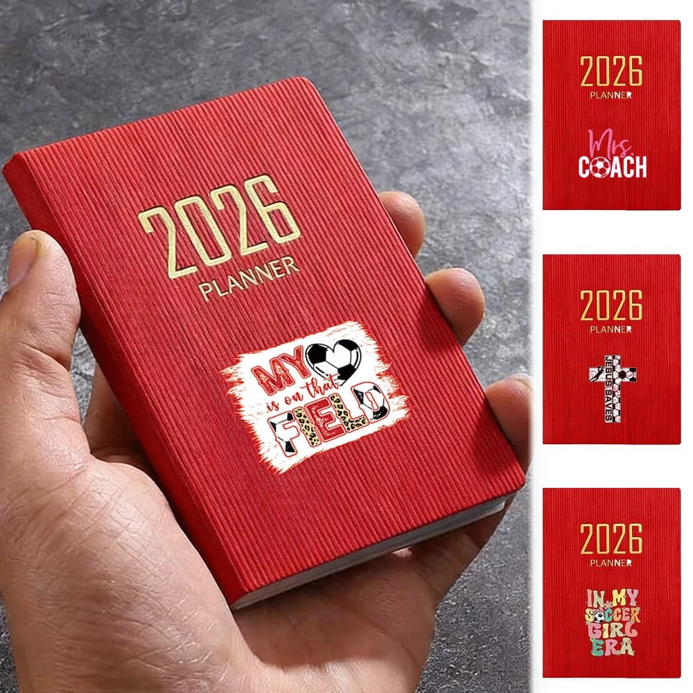 A7 Notebook Daily Monthly Planner Red Cover Notebook Portable Pocket Agenda Organizer Soccer Text Pattern Ddaily Necessities