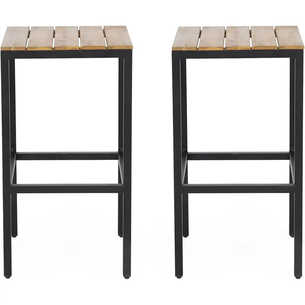 Set di 2 Sgabelli da Bar in Legno di Acacia con Poggiapiedi in Metallo, 16x16x30, Finitura Teak e Nero