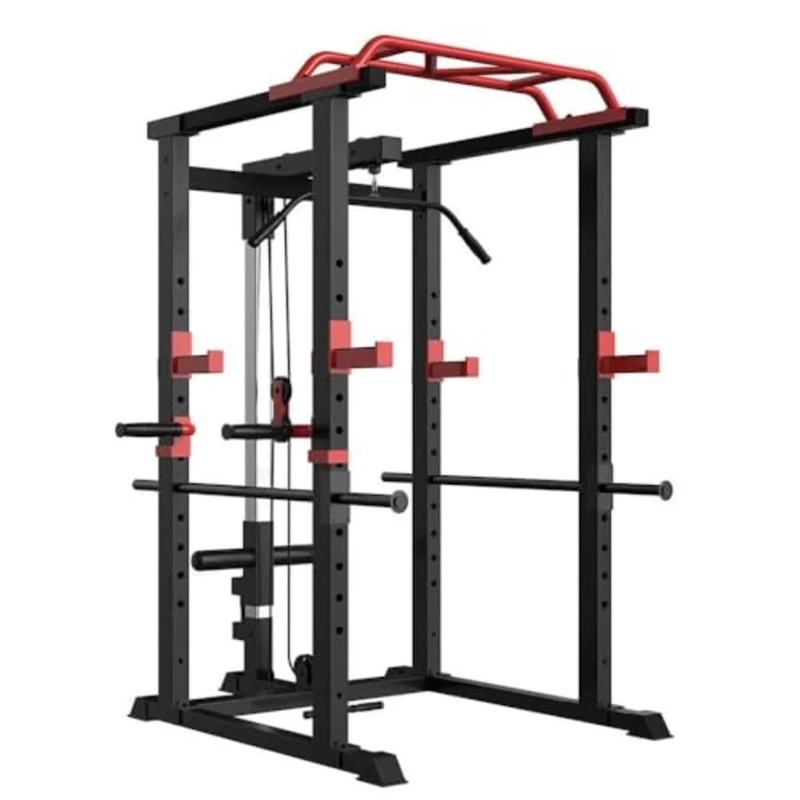 Adjustable Training Cage Reinforced with Traction Bar and Safety Arms for Home Gym, Black Steel with King