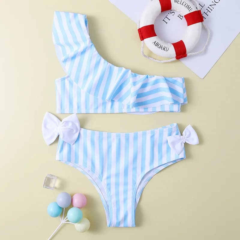 Swimsuit for girls with bow and volant, two-piece swimsuit, for children, striped, mono-sponge, for children, 7-12 years, teen bathing suit