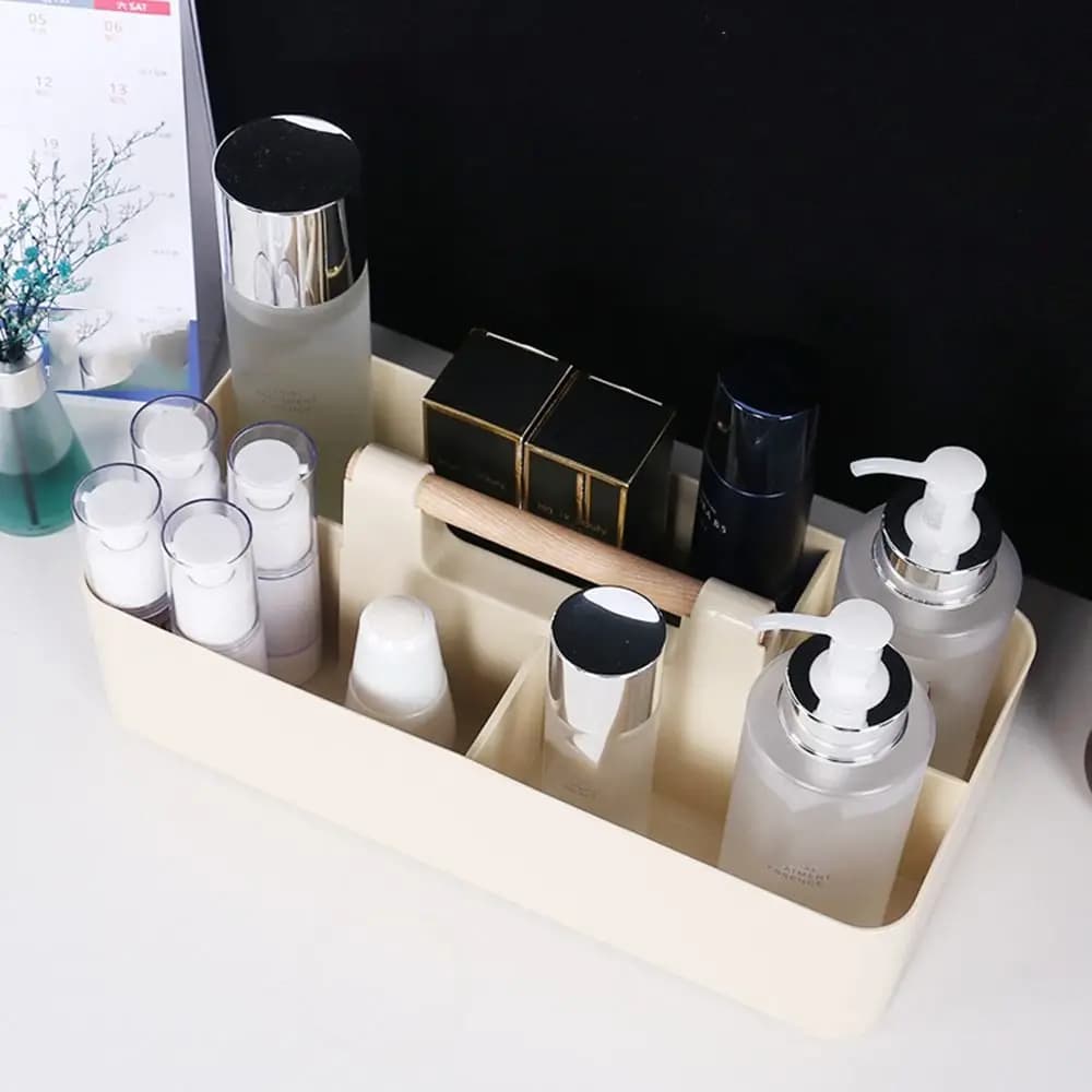 Modern Multi-compartment Desk Organizer Wood Handle Stackable Divided Baskets Portable Plastic Stationery Finishing Box Kitchen