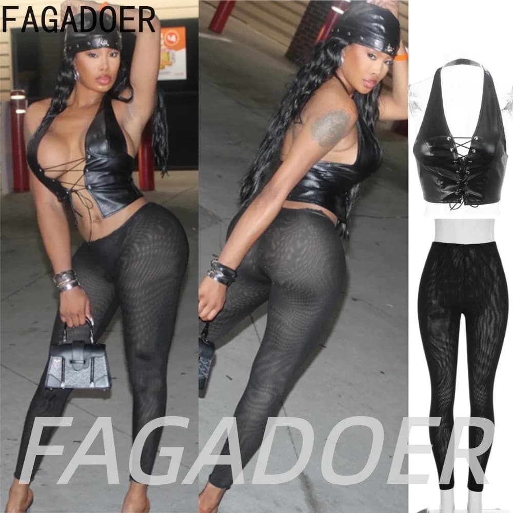 FAGADOER Y2K Punk Deep V Lace-up Halter 2 Piece Sets Dark Streetwear Off Shoulder Top + Mesh See Through Bodycon Shorts Outfits
