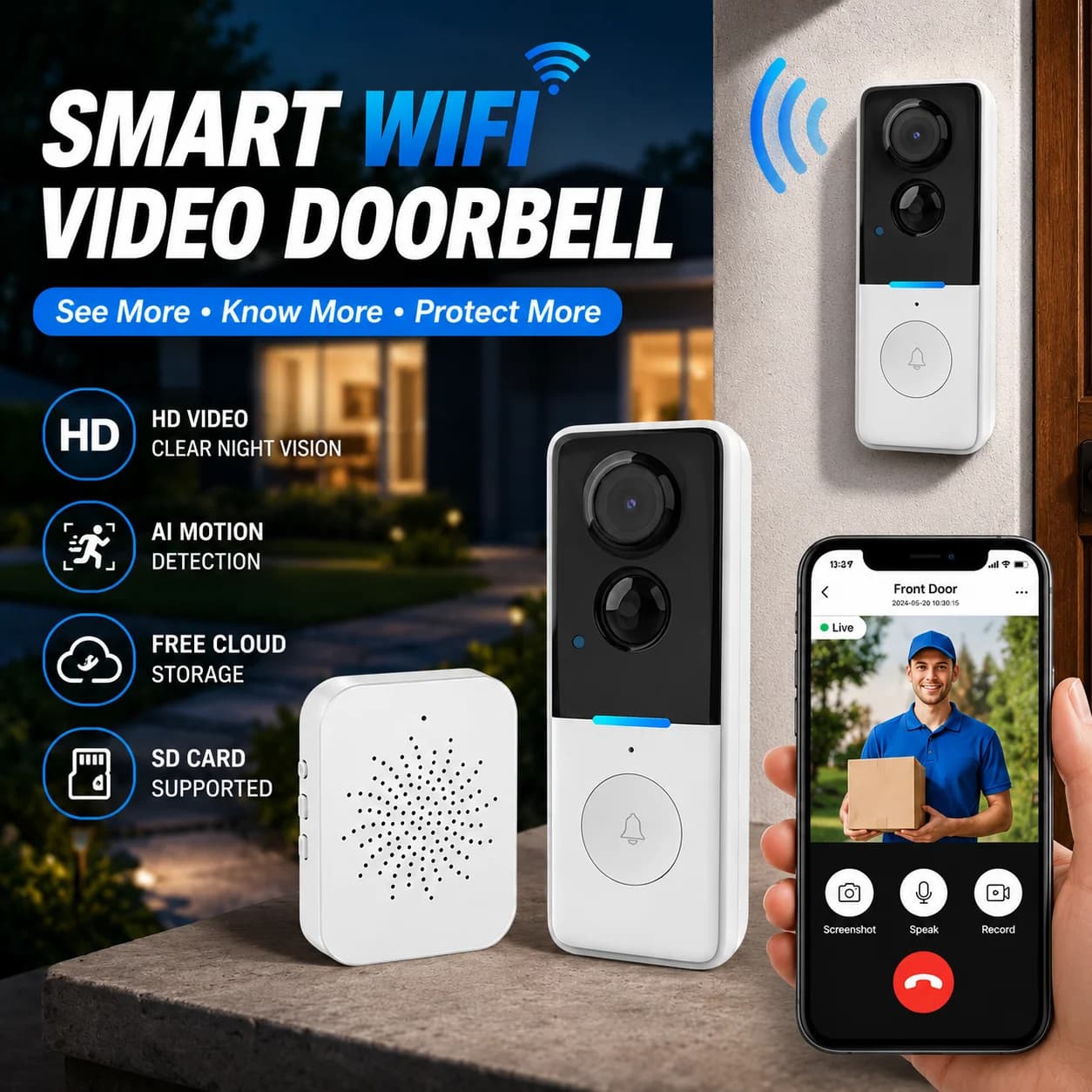 Tuya Smart WiFi Video Doorbell HD Night Vision AI Motion Detection Wireless Door Bell Support Cloud Storage SD Card Works