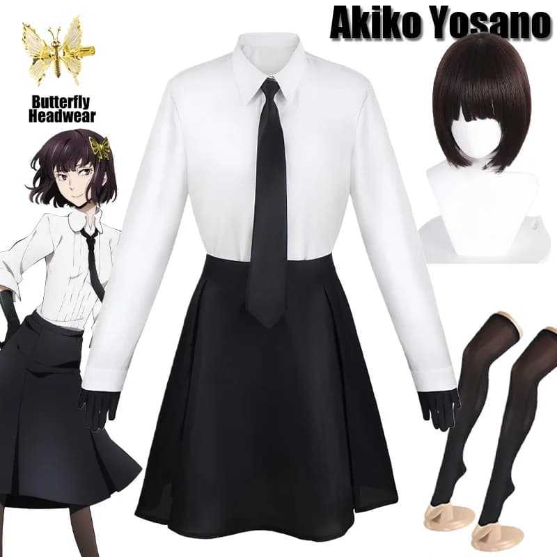 Akiko Yosano Cosplay Costume Bungo Stray Dogs Cosplay Anime Akiko Yosano Dress Wig Headwear Halloween Outfits for Comic Con