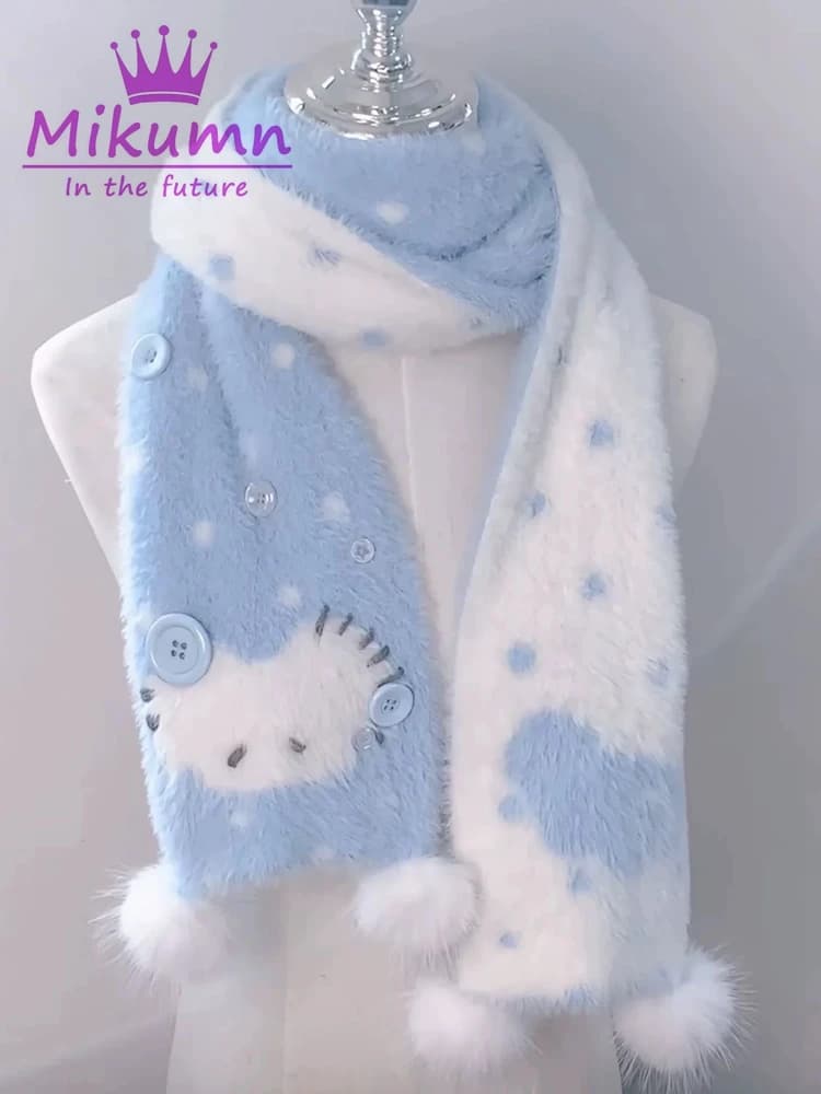 Mikumn Harajuku Simpatico Cartone Animato Gatto Sciarpa di Peluche Giapponese Y2k Donne Ragazze Inverno Caldo Double Sided Lavorato a Maglia Sciarpa Lunga Streetwear
