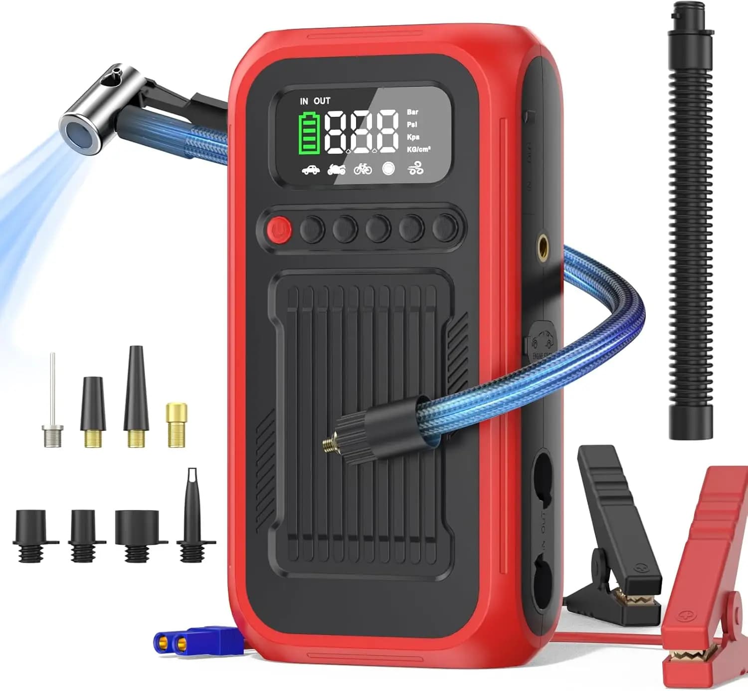 Compressore d'aria portatile e avviamento di emergenza, gonfiatore per pneumatici 150PSI con indicatore digitale, luce a LED per palline per auto e moto