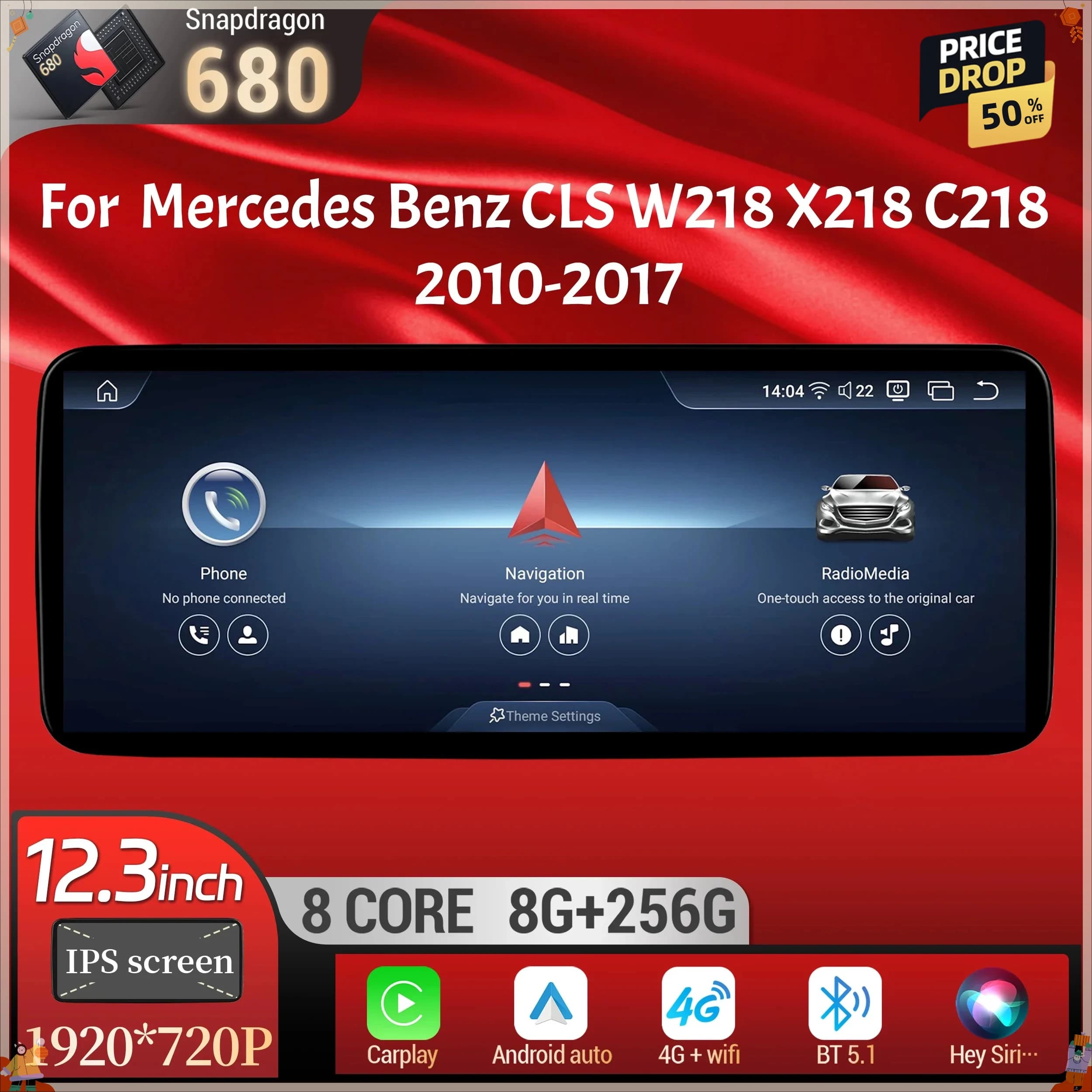12.3" For Mercedes Benz CLS W218 X218 C218 2010-2017 Car Radio Android 13 Wireless BT Carplay Snapdragon 680 SM6225 Touch Screen