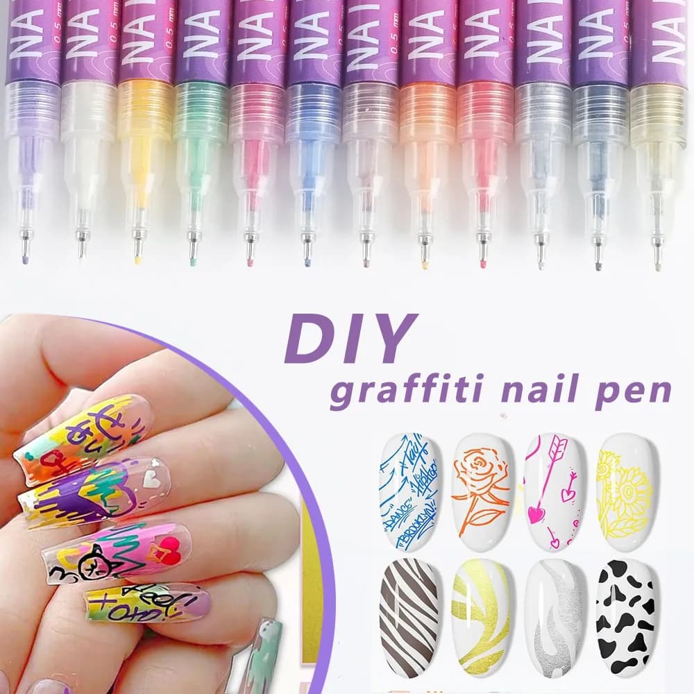 12 Colors Acrylic Marker Pen Nail Art Graffiti Pen DIY Manicure Highlight Outline Waterproof Quick Dry Paint Pens Set