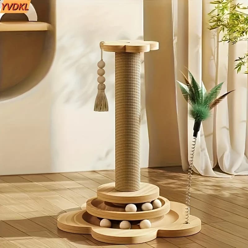 Multi-layered cat scratching post, made of high-quality sisal, a four-in-one solid wood kitten toy: scratching post + six wooden toy balls + feather toy + double-layer ball track | Sturdy, anti-tipping base, durable and perfect for multi-cat families.