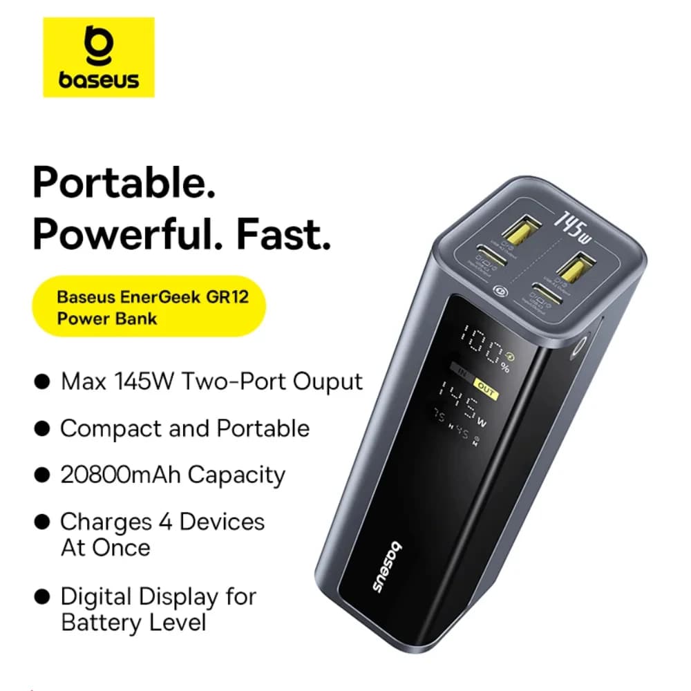 Baseus 145W Power Bank 20800mAh with digital smart display Portable portable fast charging battery for Samsung Huawei iPhone