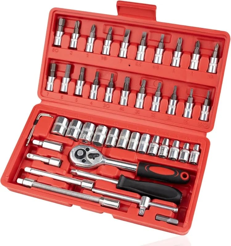 Set of compasses and hatch from 46 pieces of 1/4", set of small metric keys with extension bar, compact car tools