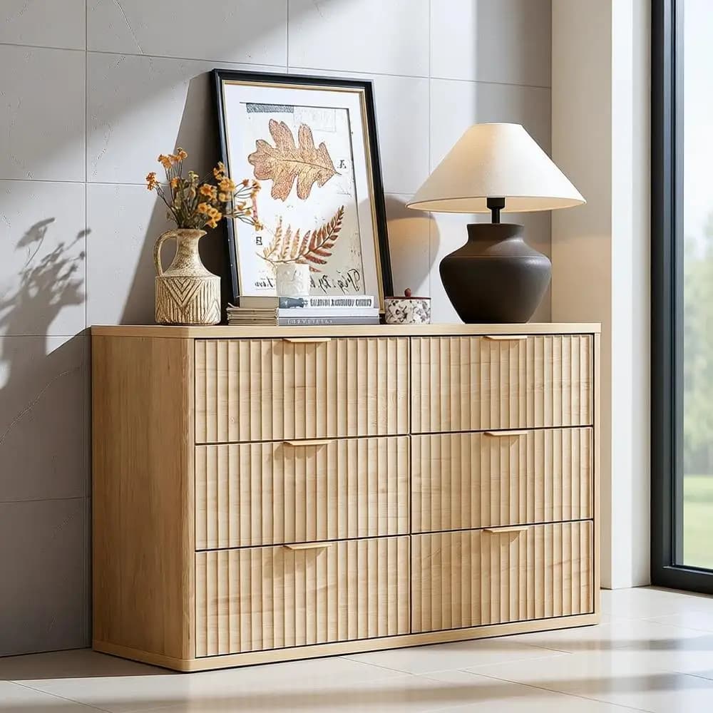 Cassettiera Larga a 6 Cassetti con Maniglie in Metallo, Profilo Curvo Naturale, Ideale per Camera da Letto, Soggiorno o Corridoio