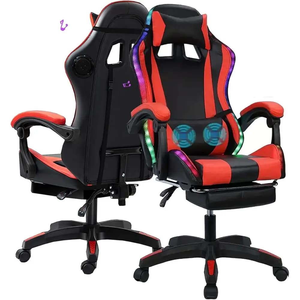 Ergonomic 360° Swivel Gaming Chair with Bluetooth Speakers, Lumbar Massage, and Height Adjustment in Black & Red