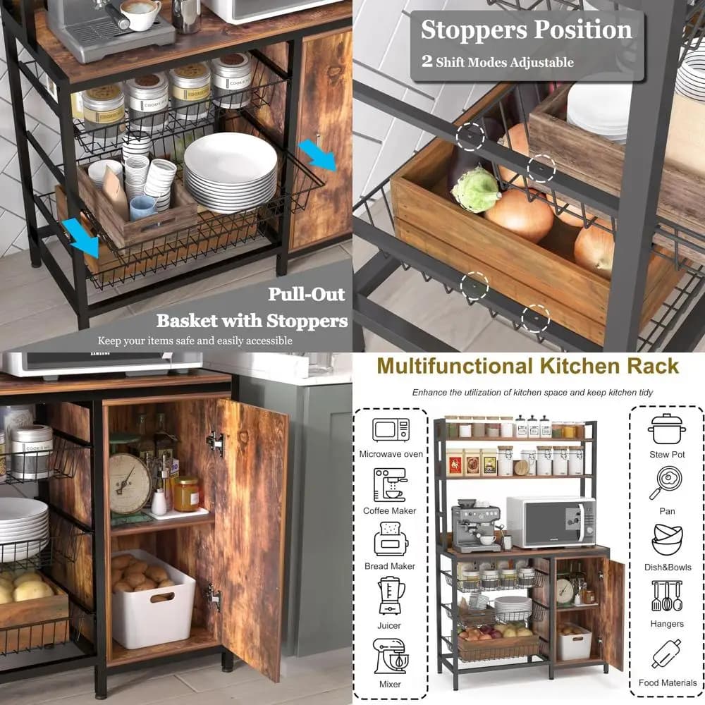 Scaffale da Cucina con Cestelli e Anta, Supporto per Forno a Microonde, Scaffale Portaoggetti Multiuso, Carrello da Cucina con Ruote e Ganci