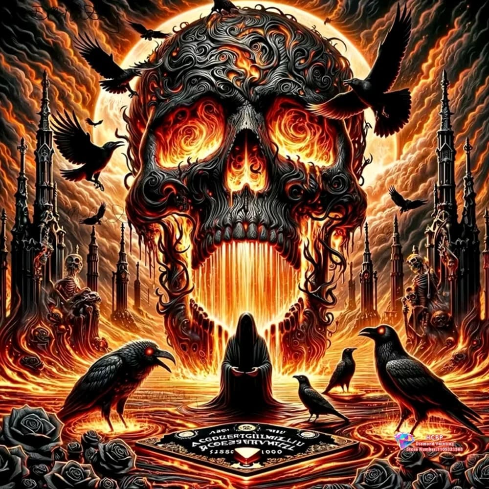 Fiery Skull with Crows & Reaper 5D DIY Diamond Painting Set with Square and Round Diamonds Handmade Crafts Home Decor Gifts.
