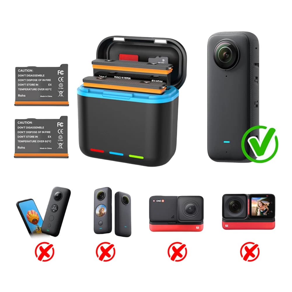 Caricabatterie a 2 canali con slot per schede Micro SD, stazione di ricarica rapida per accessori Insta360 X3