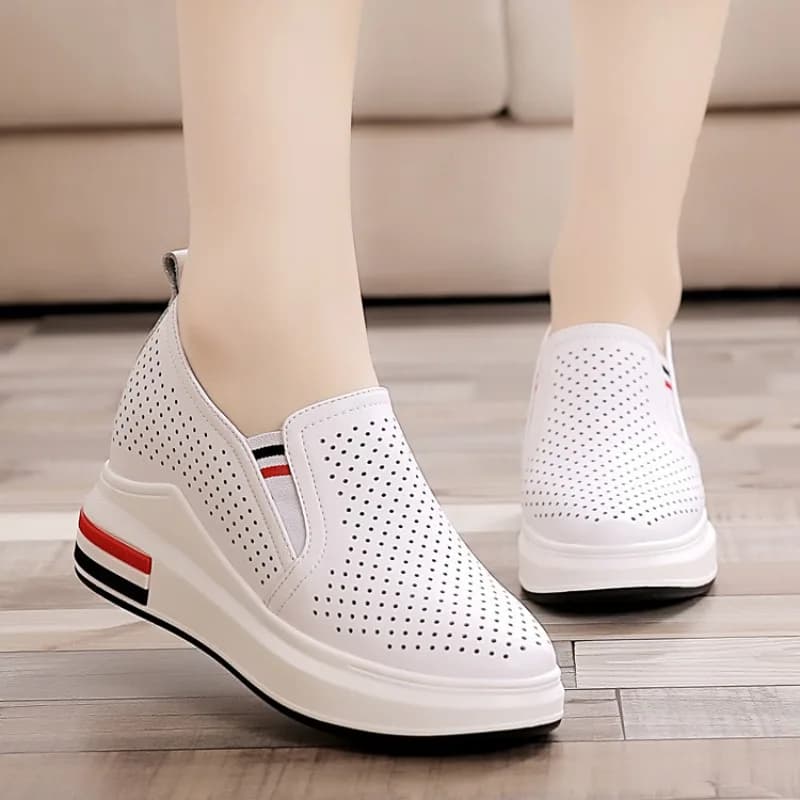 Women Shoes Mesh Breathable Hollowed-out Shoes Wedges Heel Inner Height Increase Shoes Women Leather Casual Shoe Slip on Loafers