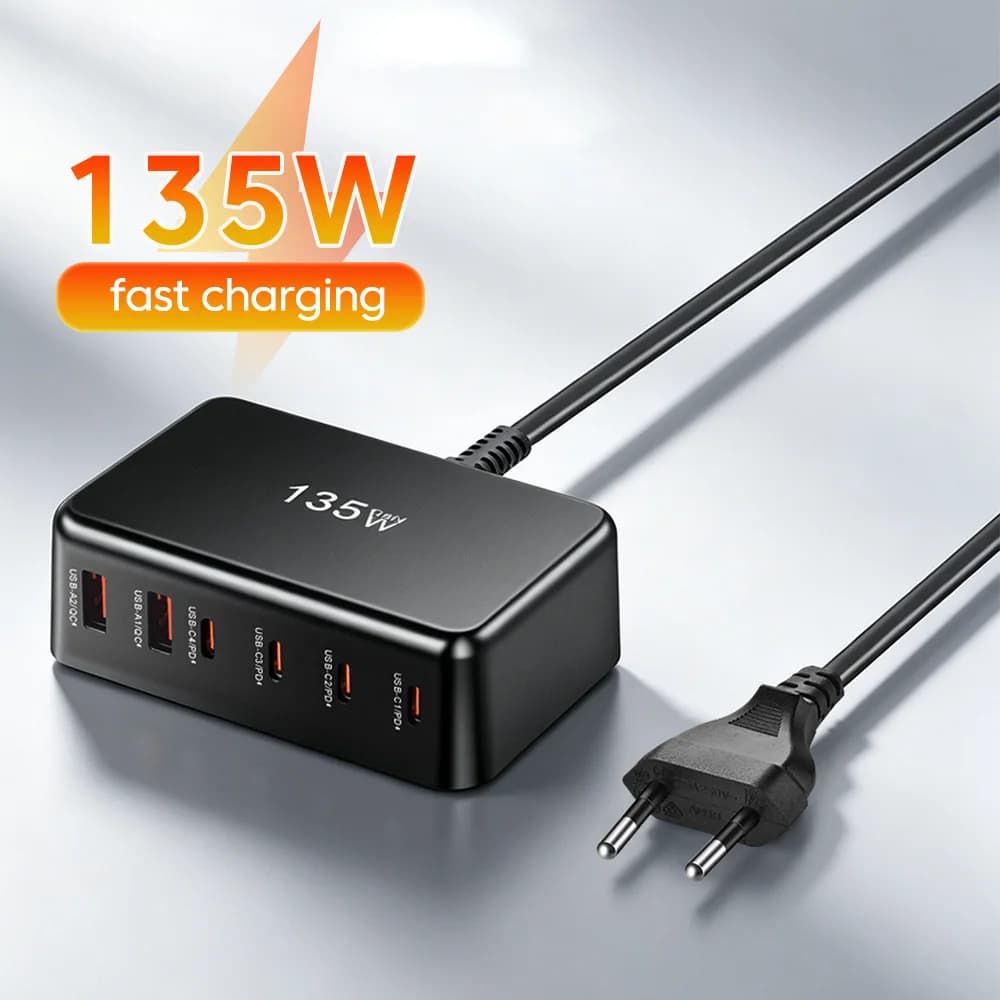 6-Port 135W GAN Charger Fast Charging 4Type C+2USB Desktop Fast Charger Adapter for iphone 15 16 17 Samsung Phone USB C Charger