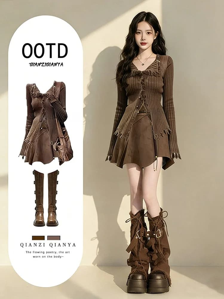 Spring Seasonal Slimming Spicy Girl Set Women's Long Sleeve Knitted Split Dress Vintage Belted A-Line Skirt Two-Piece Set