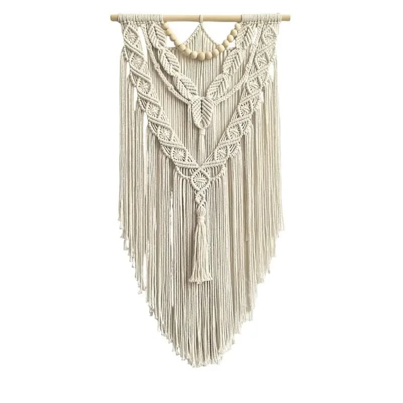 Bohemian Wall Decor Macrame Wall Hanging Boho Geometric Woven Tapestry Cotton Handmade Art Decor With Wood Beads