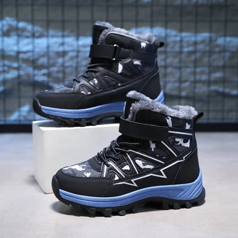 A pair of children warm fleece lined winter hiking boots, lace & velcro dual fix, thick shock absorbent outdoor footwear TL-1802