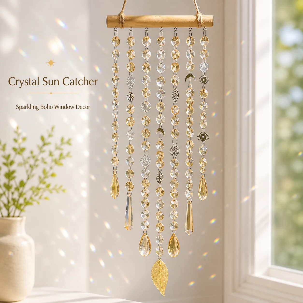 Crystal Sun Catcher Hanging Window Decor, Boho Crystal Beads Wind Chime with Sun Moon Leaf Charms for Home Garden Gift