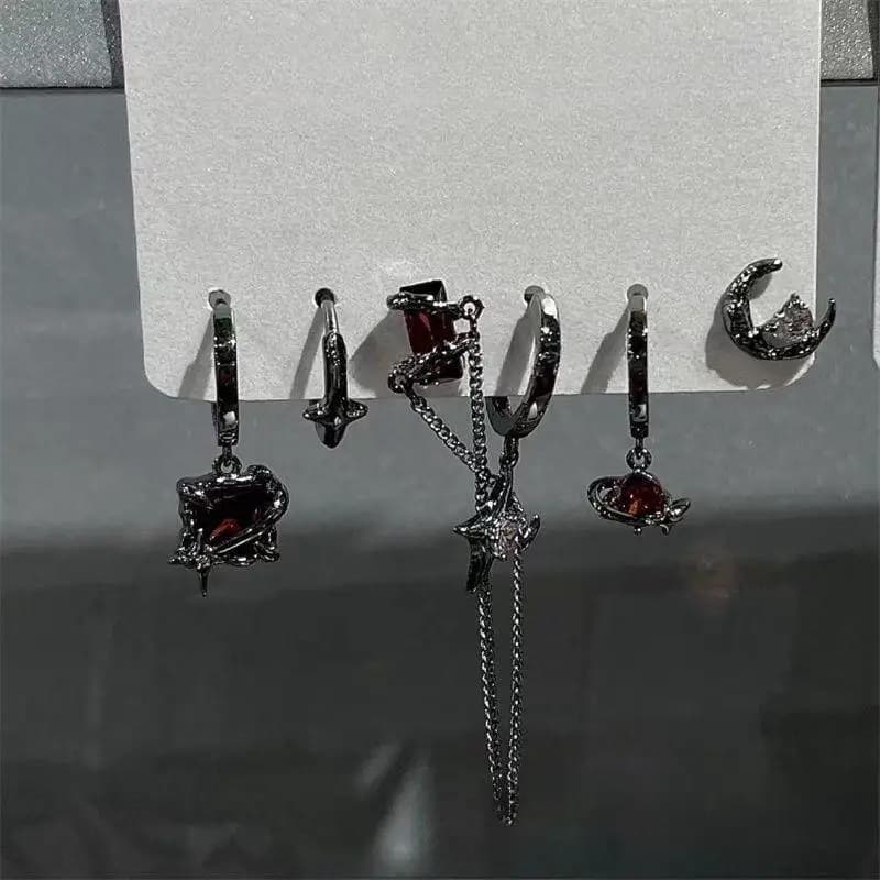 Y2K Cute Butterfly Love Pentagram Earring Set Piercing Black Red Crystal Moon Gothic Earrings for Girls Pendientes Negros K921