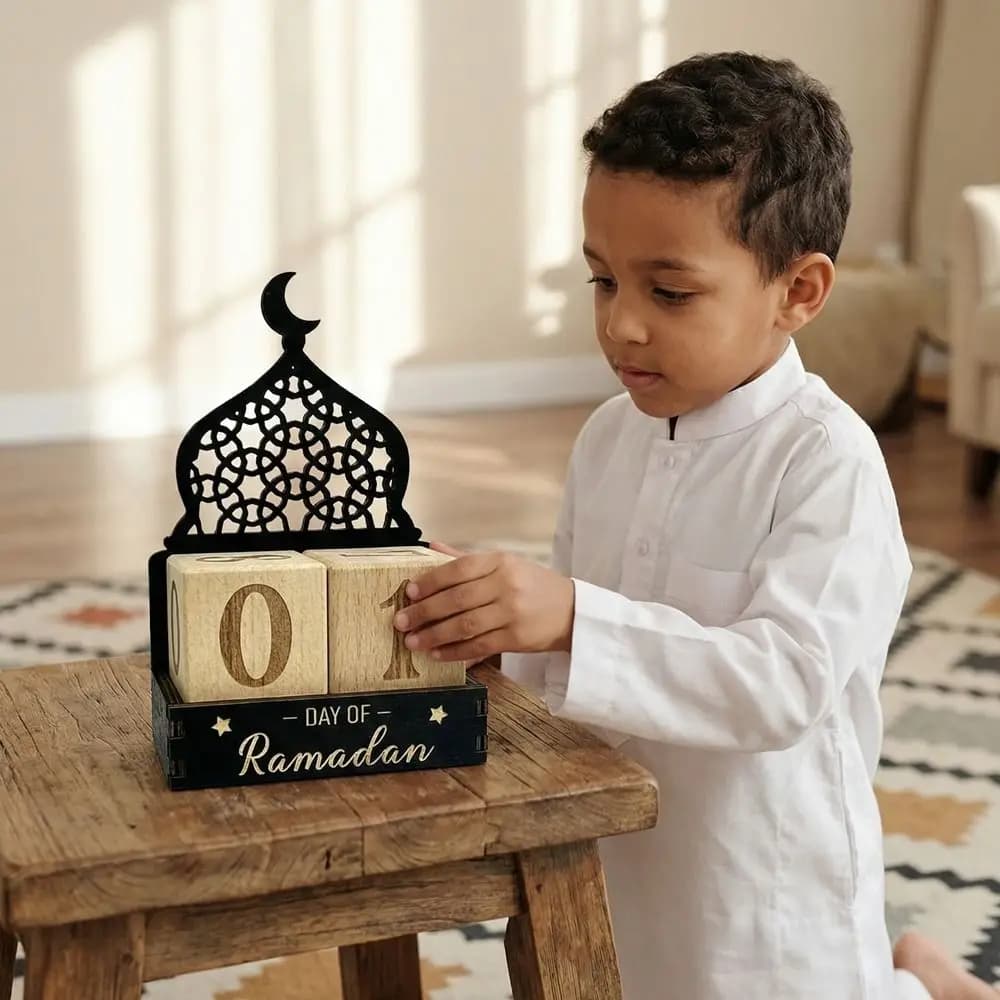 Calendario in Legno Eid Mubarak con Blocchi Regolabili, Calendario Decorativo del Ramadan, Calendario Eid Al-Fitr con Luna e Castello