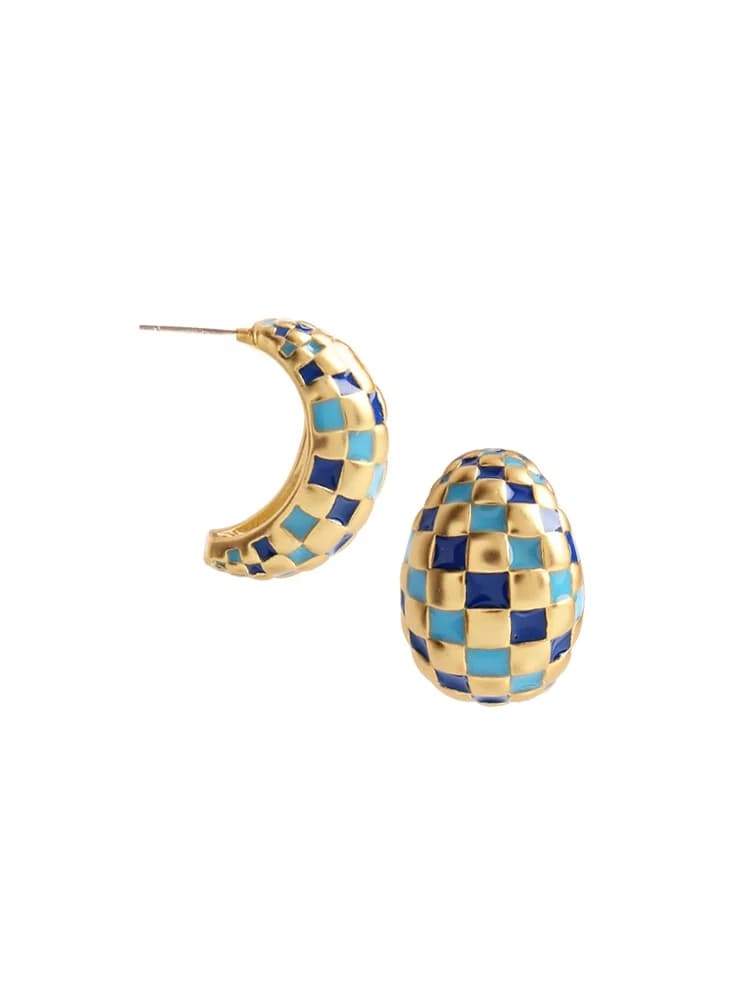 Sumni Vintage Style Klein Blue Checkered Half Curly Hair Clip on Earrings S925 Silver Needle Geometric Pattern Women's Fashio...
