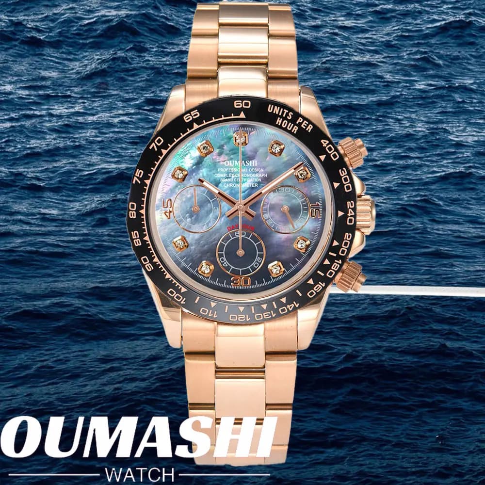 VK63 Orologi 39,3 mm Perla conchiglia Texture Orologio da uomo 6 lancette Cronografo Funzione Vetro zaffiro Resistente all'acqua 10 ATM