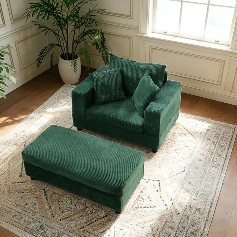 54 inches Chaise Lounge Chair Indoor, Chair with Ottoman or Living Room Bedroom, Cozy Sleeper Soa Bed with 3 Pillows (Green)