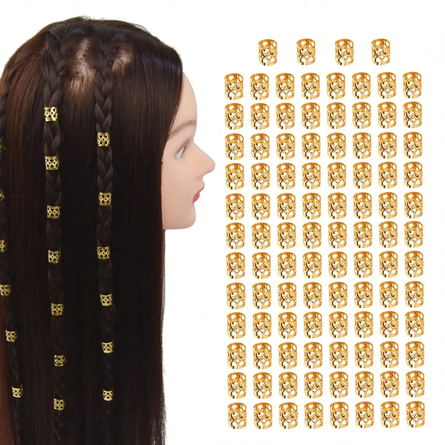 60pcs Gold Dreadlock Beads Adjustable Metal Hair Braiding Rings Filigree Tubes Hair Cuffs Clips Spacers African Braids Extensions Extensions Hair Accessories For Women Men Party Holiday Gift