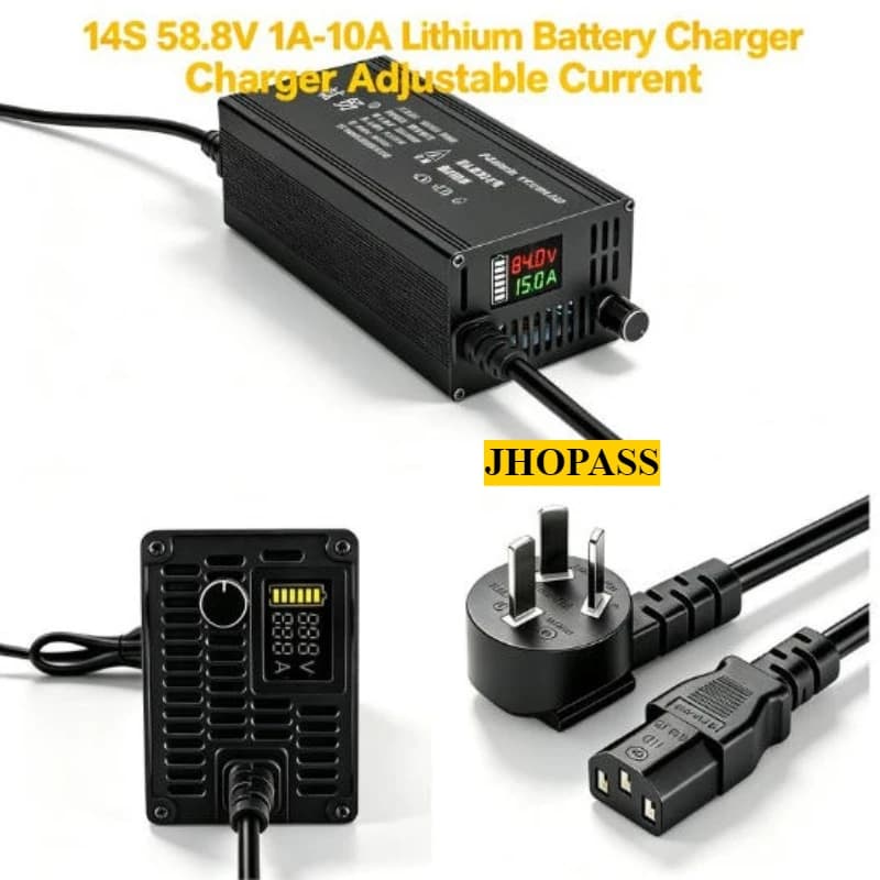 Caricabatterie Smart LCD 14S 58.8V 1A-10A a corrente regolabile per batterie LiFePO4, per carrelli elevatori e lavasciuga pavimenti, con spina 220V UK US EU AU