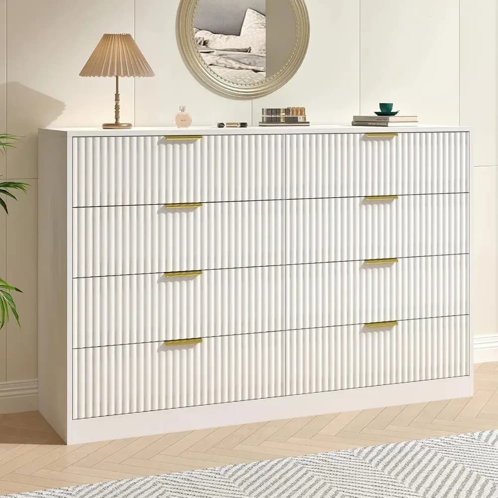 Cassettiera scanalata per camera da letto con 8 cassetti, cassettiera doppia bianca larga 55 pollici, cassettiera moderna con maniglia in metallo, personalizzata