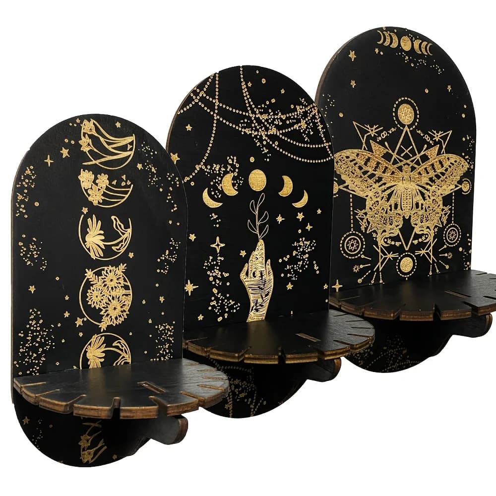 3Pcs Retro Rustic Wooden Wall Mounted Display Stands, Decorative Frames for Storing Crystals, Candles and Room Decoration