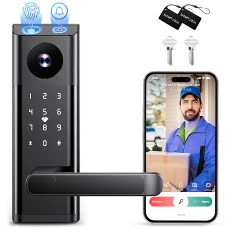 Serratura Intelligente con Videocitofono 3-in-1, Accesso Senza Chiave per Porta d'Ingresso, WiFi, Impronta Digitale, Tastierino, Controllo App, Chiusura Automatica