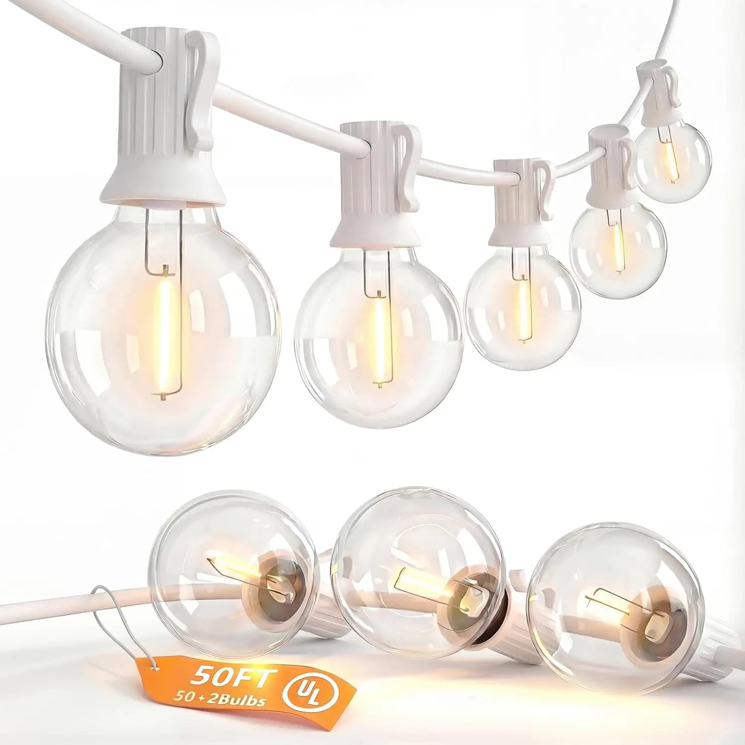 Luci a stringa bianche da esterno da 15 metri con 52 lampadine LED infrangibili per decorazioni di patio, giardino e portico