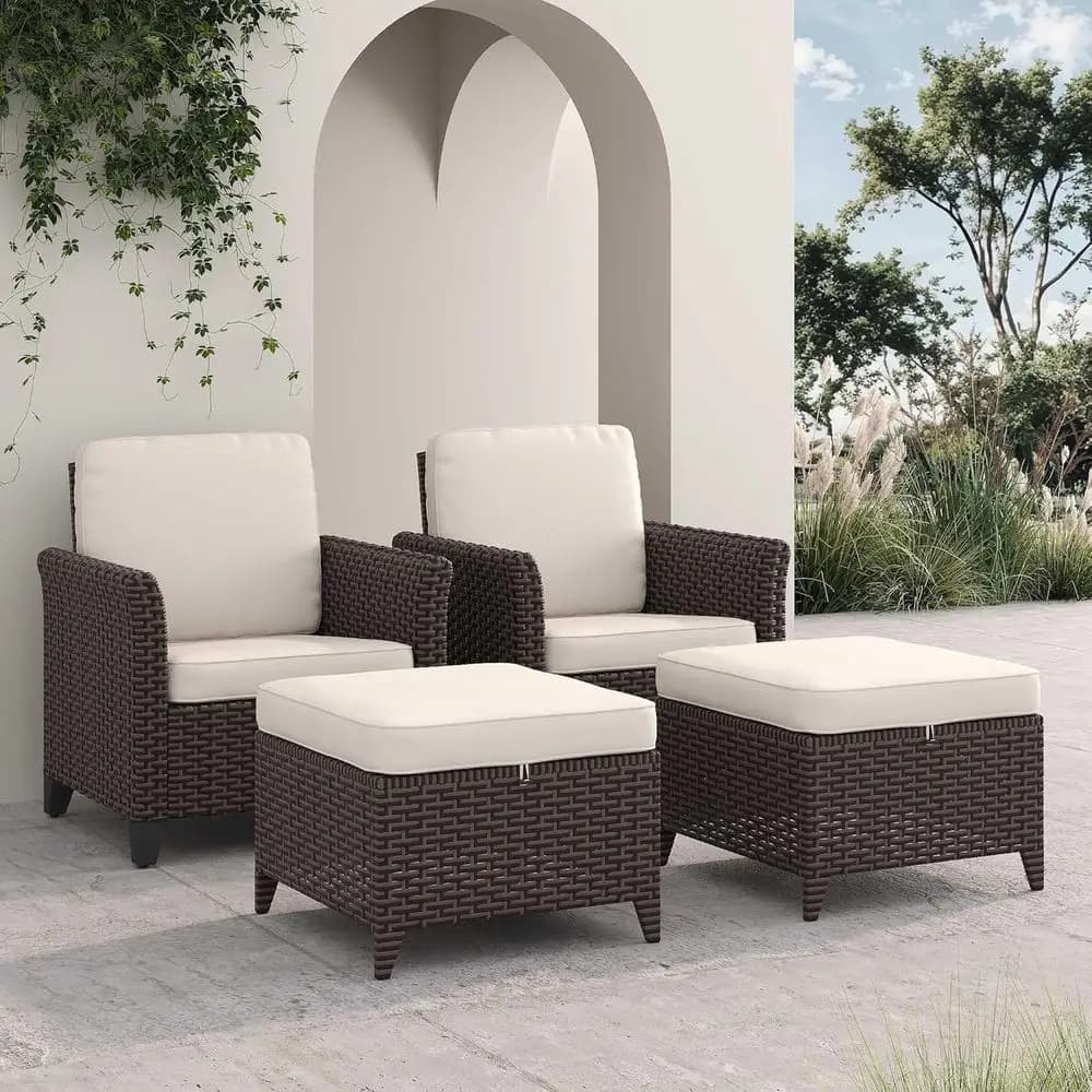 Set di mobili da giardino da 4 pezzi, 2 sedie con schienale alto e 2 pouf, mobili in vimini PE per tutte le stagioni con cuscini impermeabili o per terrazza, Ga
