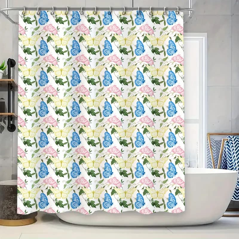 Tenda da doccia con stampa floreale: arredamento da bagno moderno con fiori rosa, foglie verdi steli blu navy tessuto impermeabile per il bagno