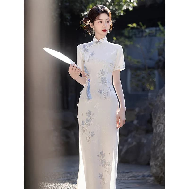Splendido Nuovo Abito da Sposa in Stile Cinese per Uso Quotidiano, con Stampa Floreale Rinnovata, Maniche Lunghe o Corte, Traspirante, Gonna Lunga