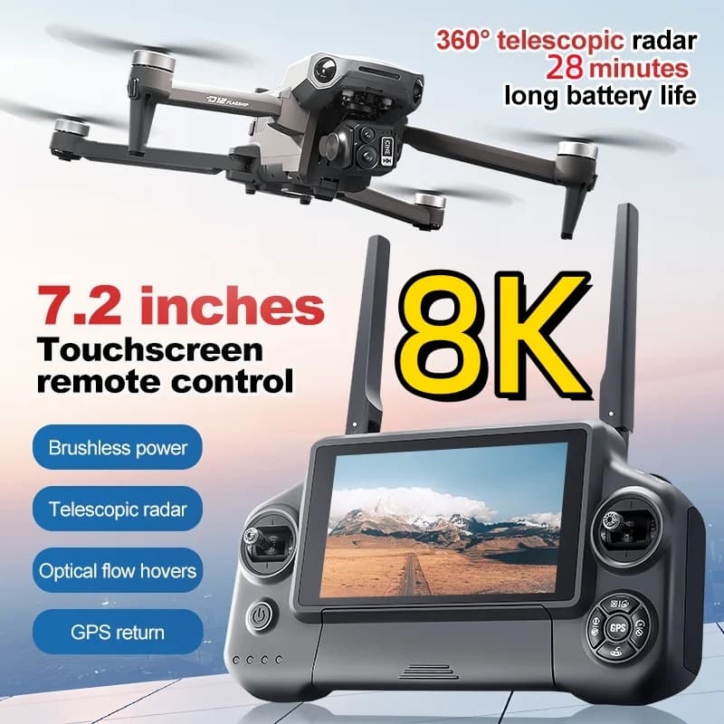 8K 3 Axis Gimbal Brushless 7.2in Touch Screen FPV Remote Control Quadcopter 5KM Obstacle Avoidance Airdrops GPS Return RC Drone