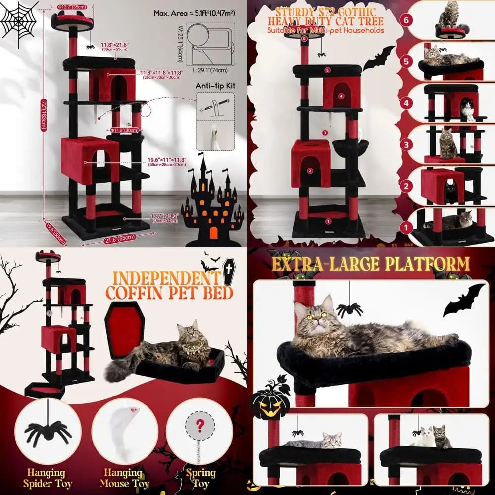 Robusta torre per gatti gotica da 72 persone con letto a bara, ideale per gatti di grandi dimensioni oltre 20 libbre, design castello medievale, 6 tiragraffi e Hammo