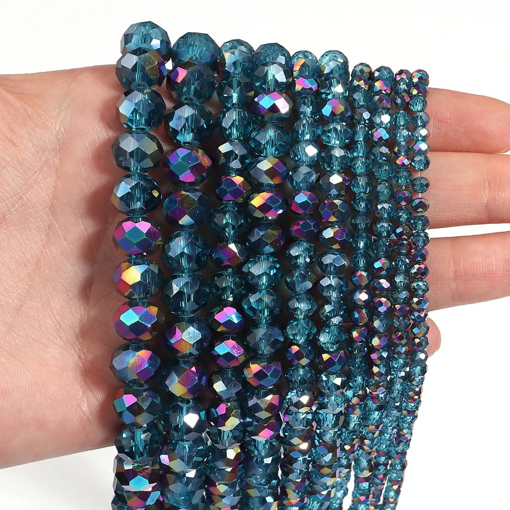 1 Strand 3 4 6 8 10mm Faceted Crystal Beads Peacock Blue Rondelle Flat Glass Loose Spacer Beads For Jewelry Making DIY Necklace