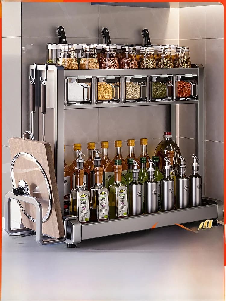 Multi-layer kitchen shelf, room and dressing container, multi-functional knife holder, work plan organizer for home kitchen