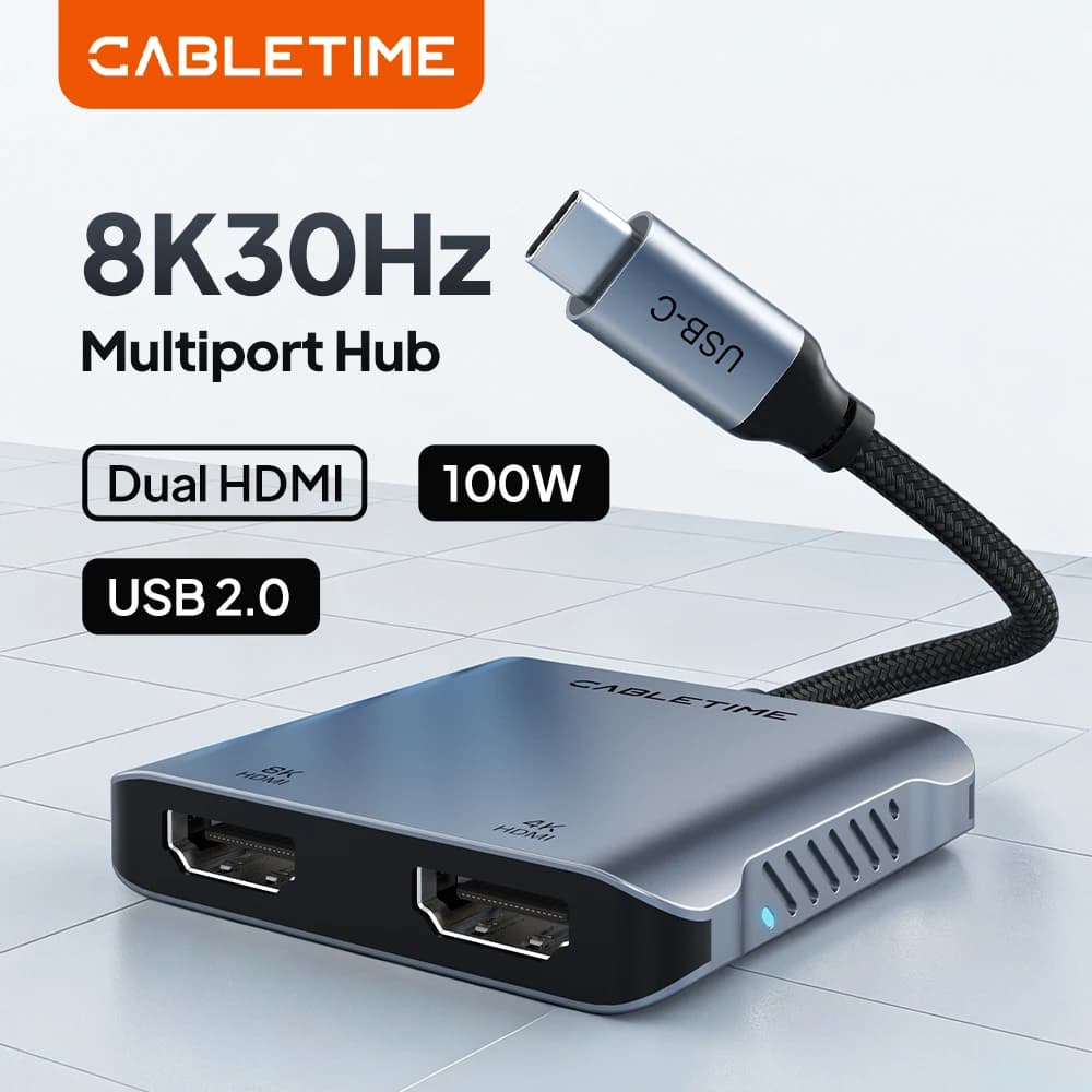 CABLETIME Hub USB C 4 in 1 a HDMI MST 8K, Adattatore Type C a Doppio HDMI, Doppio Display 4K PD 100w, Dock per Mac e Laptop