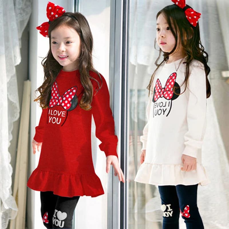 Abbigliamento per bambini Set Primavera Autunno Cartoon Bow Knot Camicia in cotone a maniche lunghe + Leggings 2 pezzi Vestito per 3-8 anni Ragazze Casual Outfit